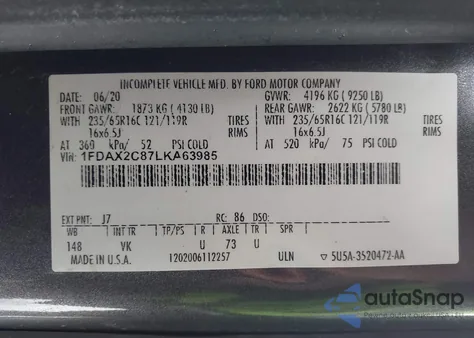 2020 Ford Transit-350 Passenger Van Xl z USA, uszkodzony, nr VIN 1FDAX2C87LKA63985